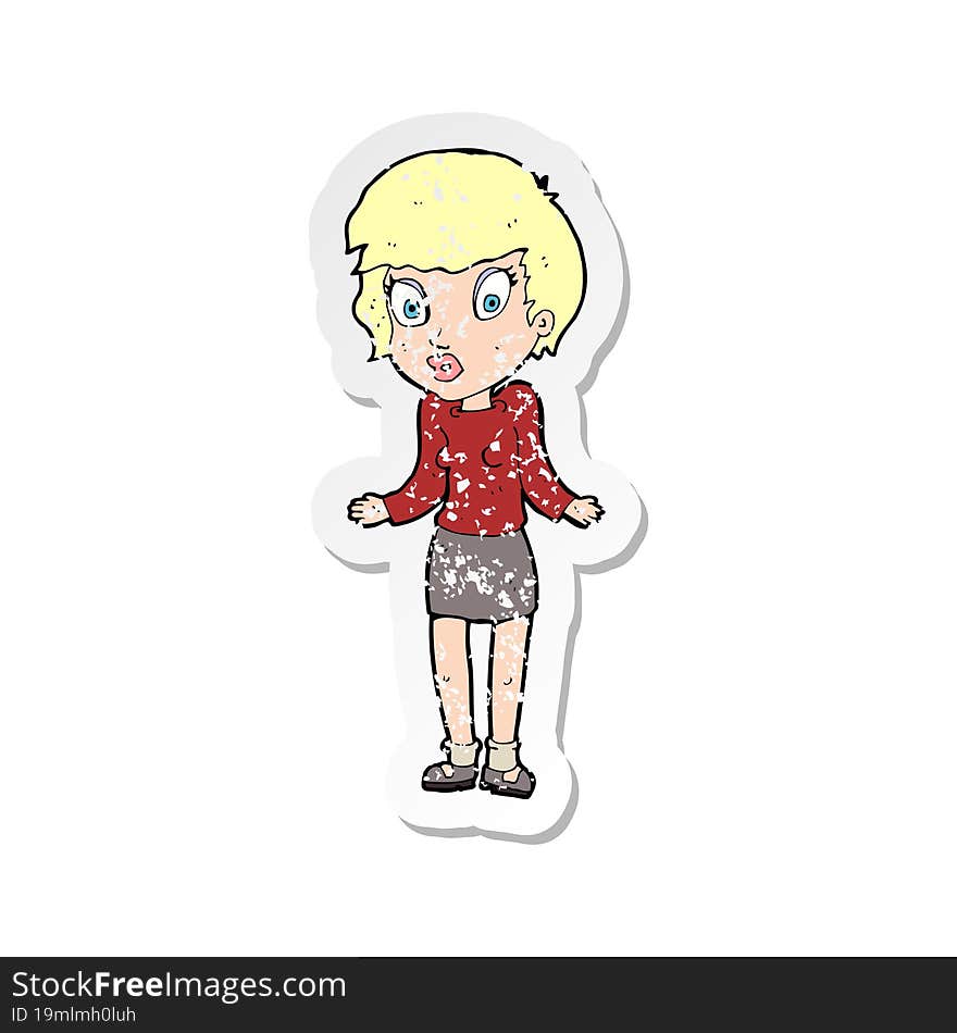 retro distressed sticker of a cartoon woman shrugging shoulders