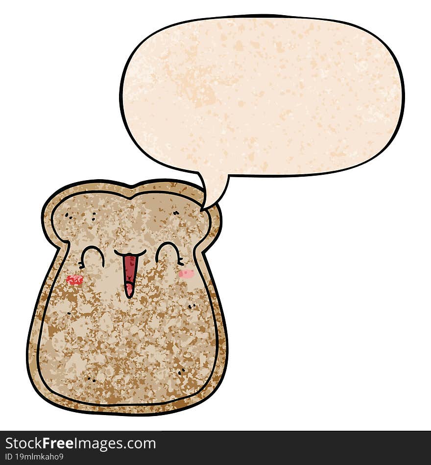 cute cartoon slice of toast and speech bubble in retro texture style