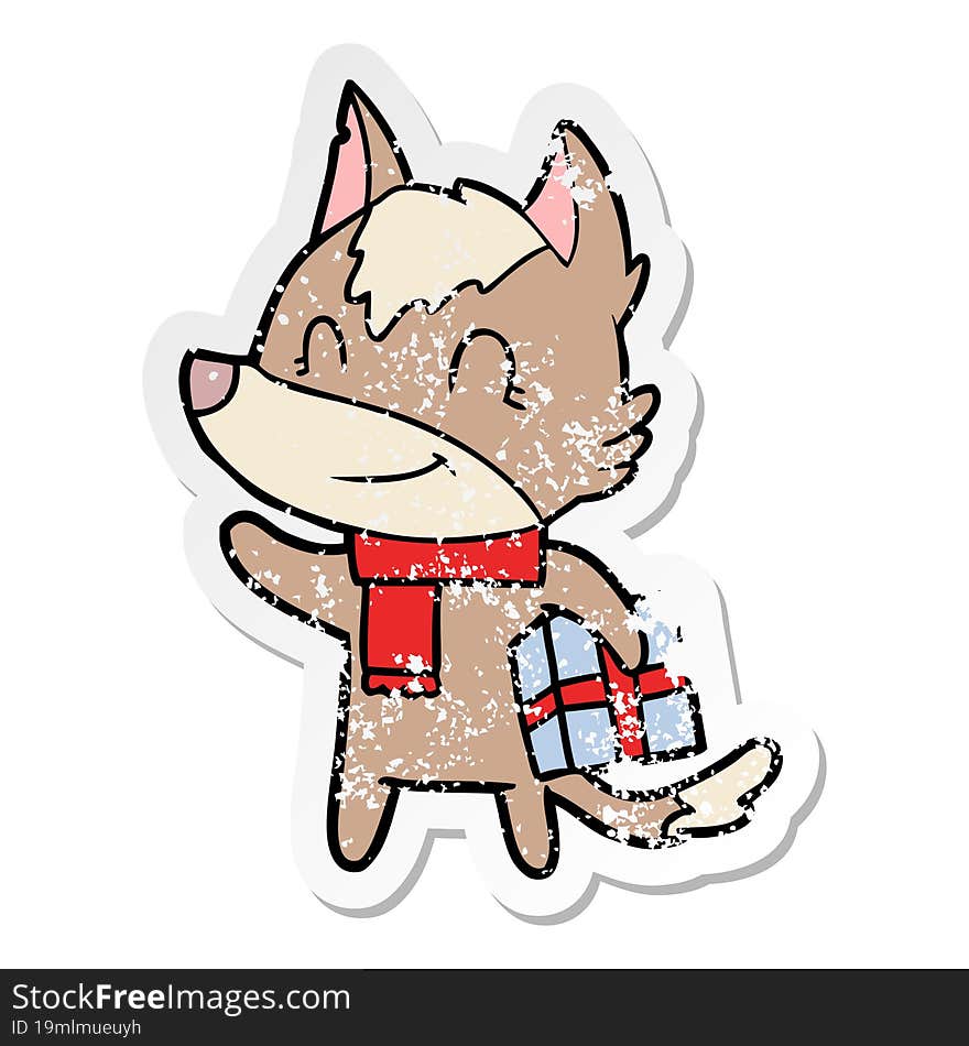 distressed sticker of a friendly cartoon wolf with present