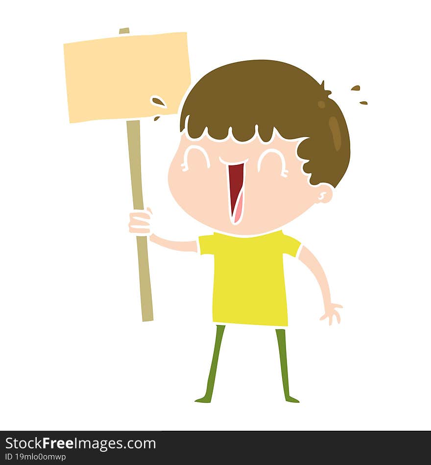 laughing flat color style cartoon man waving placard