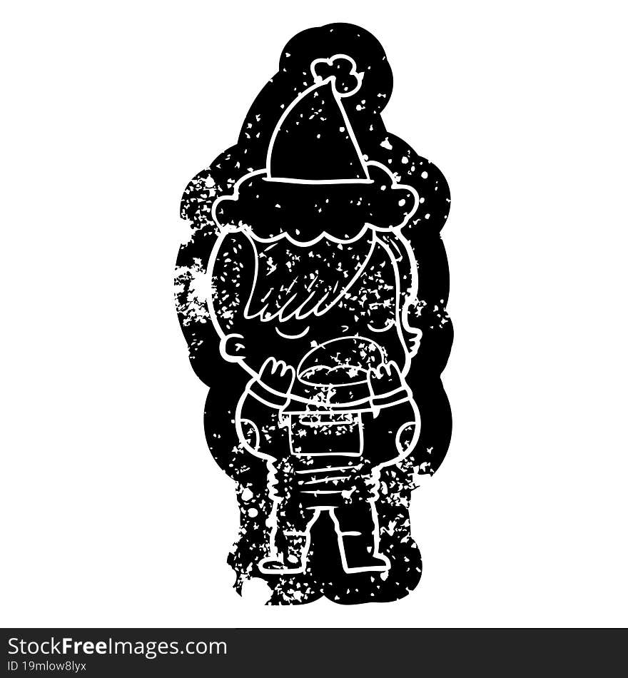 Cartoon Distressed Icon Of A Cool Hipster Girl In Space Suit Wearing Santa Hat