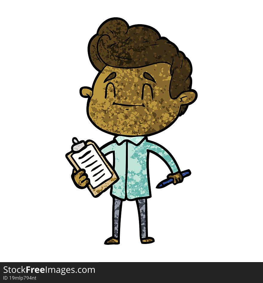 happy cartoon man with pen and clipboard. happy cartoon man with pen and clipboard