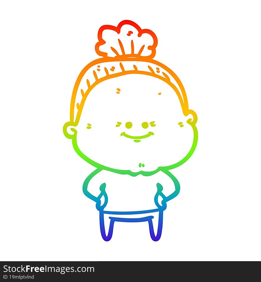 rainbow gradient line drawing of a cartoon happy old woman