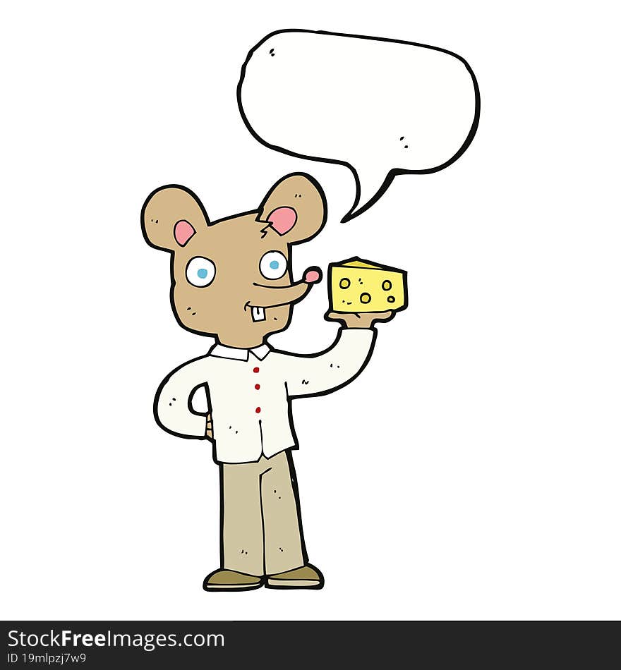 Cartoon Mouse Holding Cheese With Speech Bubble