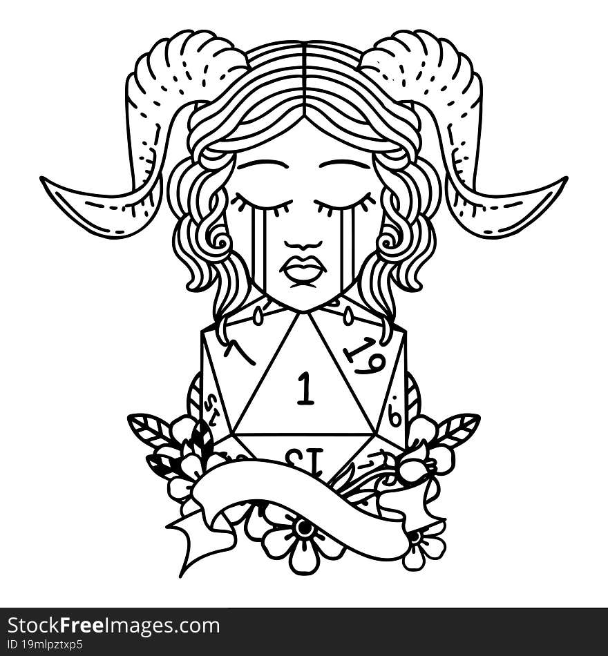 Black and White Tattoo linework Style crying tiefling with natural one D20 roll. Black and White Tattoo linework Style crying tiefling with natural one D20 roll