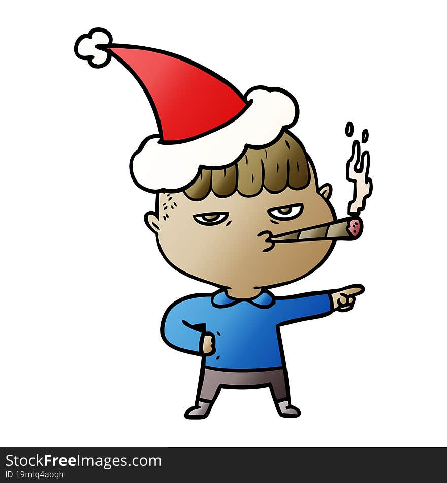 hand drawn gradient cartoon of a man smoking wearing santa hat