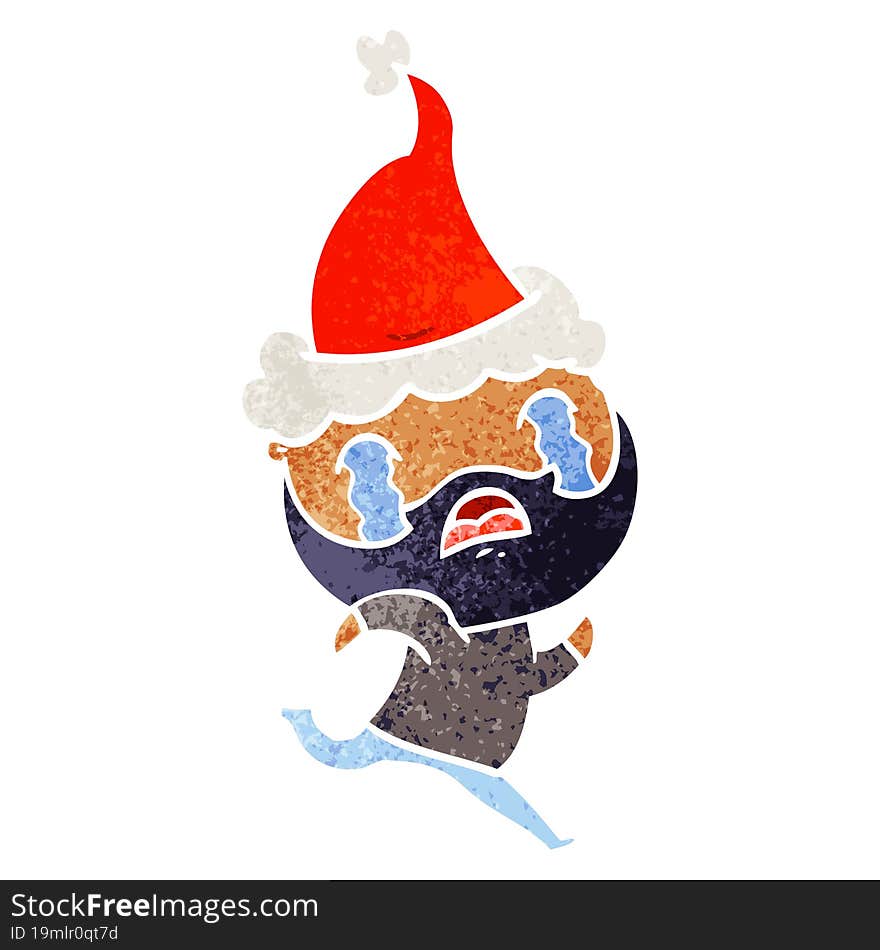 retro cartoon of a bearded man crying wearing santa hat