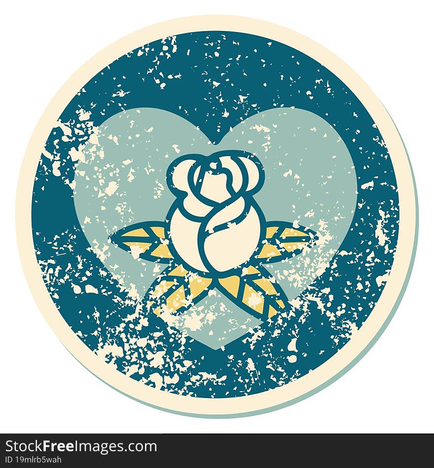 iconic distressed sticker tattoo style image of a heart and flowers. iconic distressed sticker tattoo style image of a heart and flowers