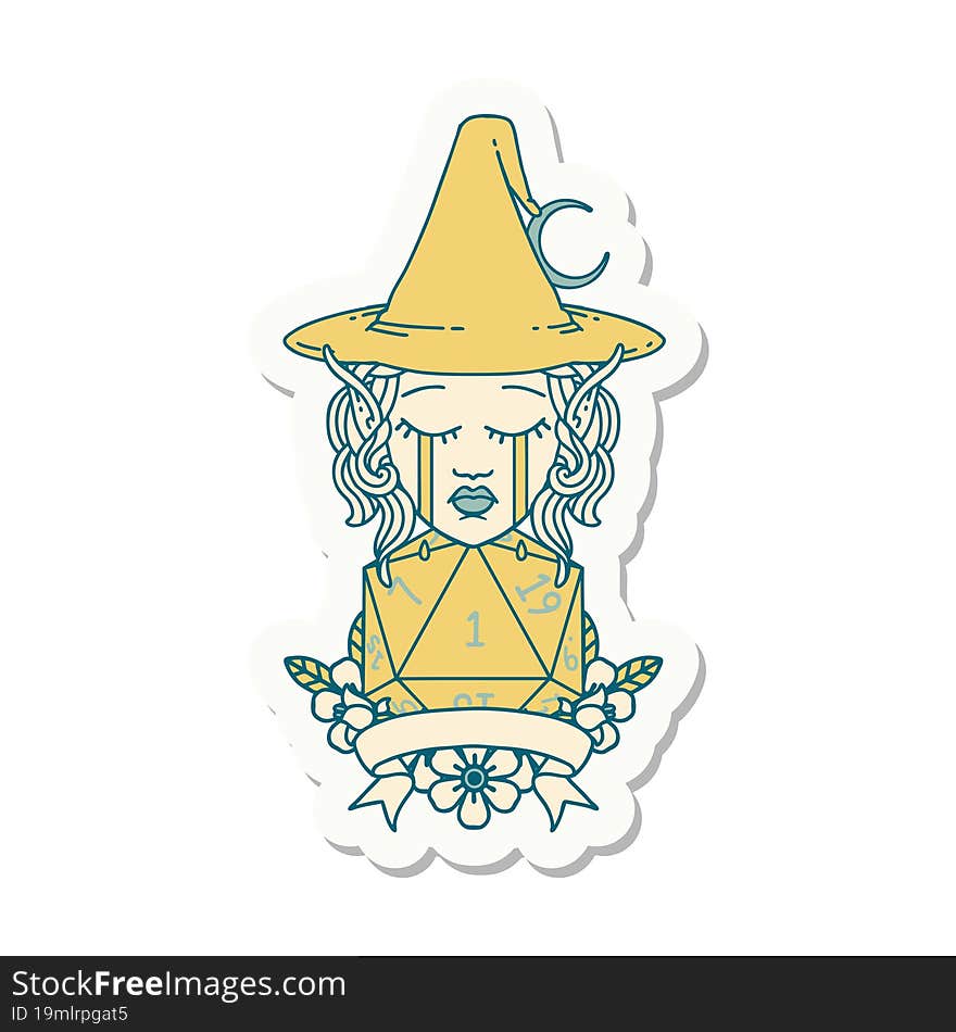 Crying Elf Mage Character With Natural One Dice Roll Sticker