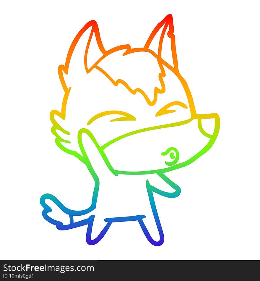 rainbow gradient line drawing cartoon waving wolf whistling