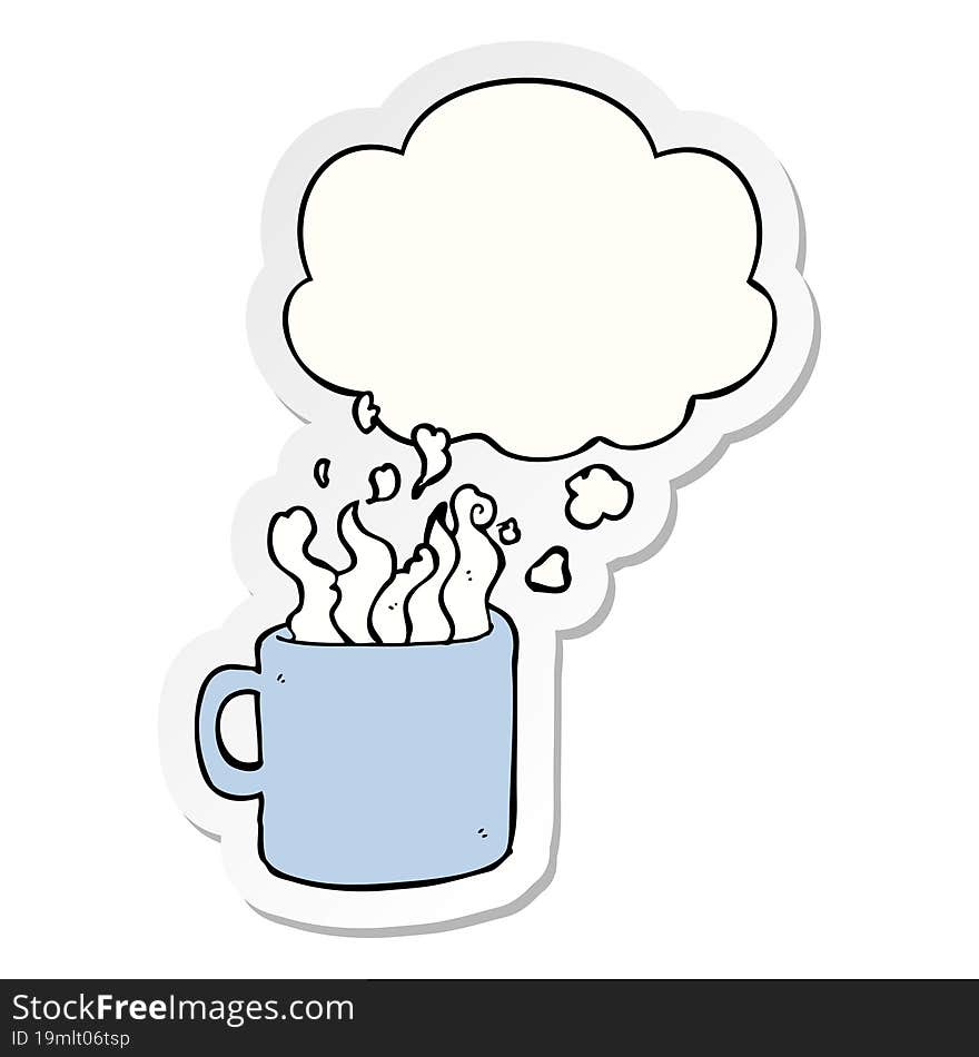 cartoon hot cup of coffee and thought bubble as a printed sticker