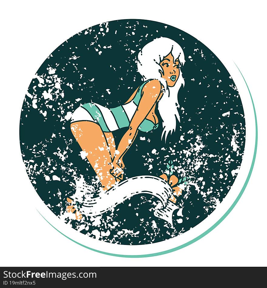 distressed sticker tattoo style icon of a pinup girl in swimming costume with banner