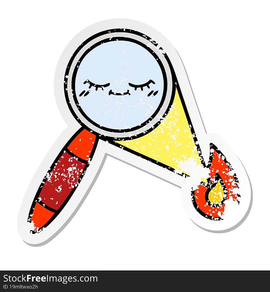 distressed sticker of a cute cartoon magnifying glass