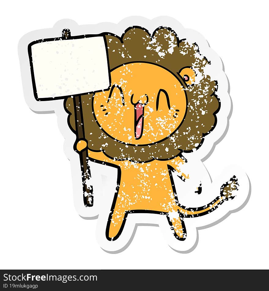 distressed sticker of a happy cartoon lion