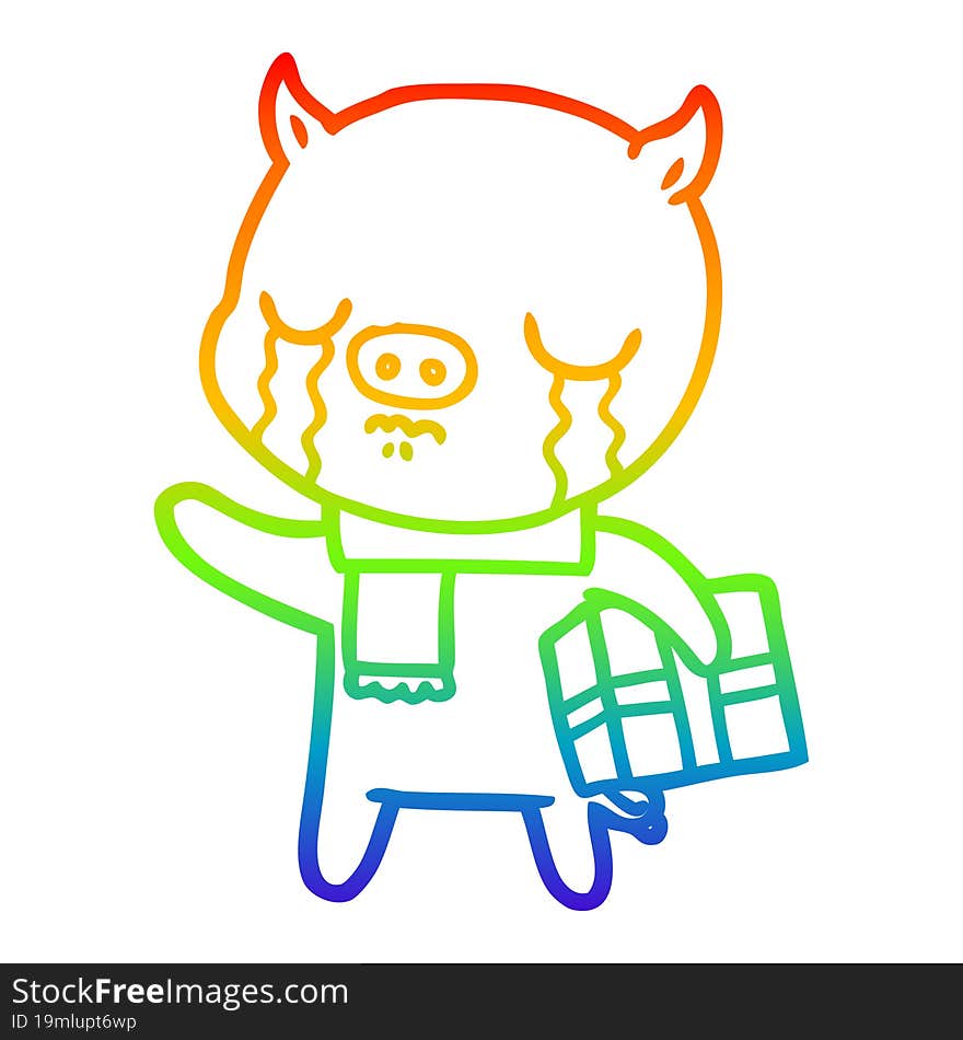 rainbow gradient line drawing of a cartoon pig crying over christmas present