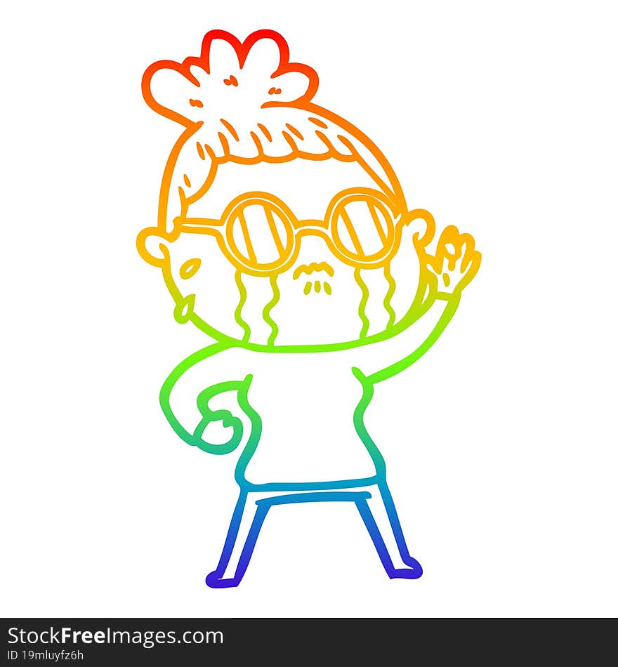 rainbow gradient line drawing cartoon crying woman wearing spectacles