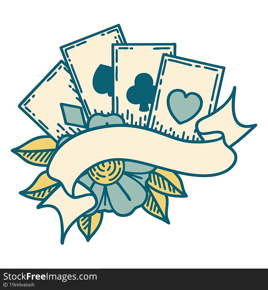 tattoo style icon of cards and banner