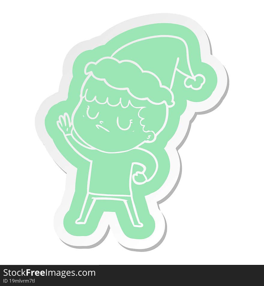 cartoon  sticker of a grumpy boy wearing santa hat