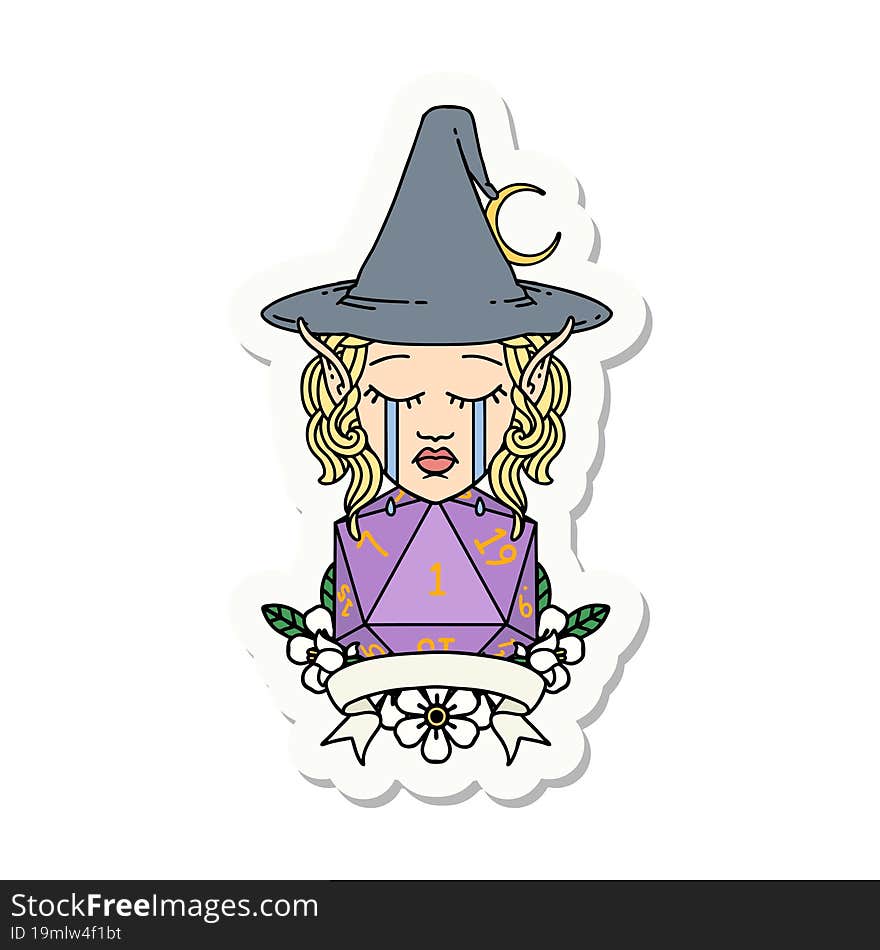 sticker of a crying elf mage character with natural one dice roll. sticker of a crying elf mage character with natural one dice roll