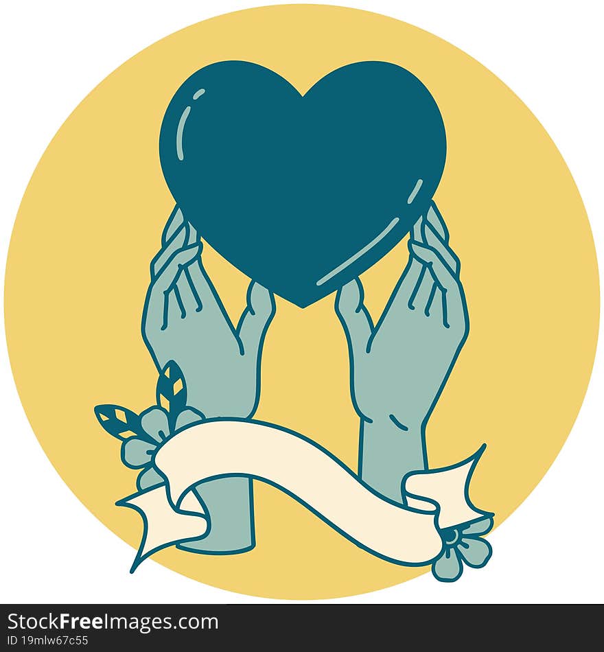 tattoo style icon with banner of hands reaching for a heart. tattoo style icon with banner of hands reaching for a heart