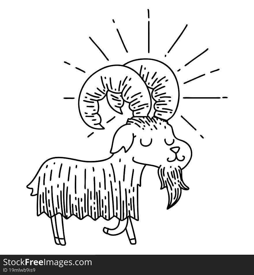 illustration of a traditional black line work tattoo style happy goat