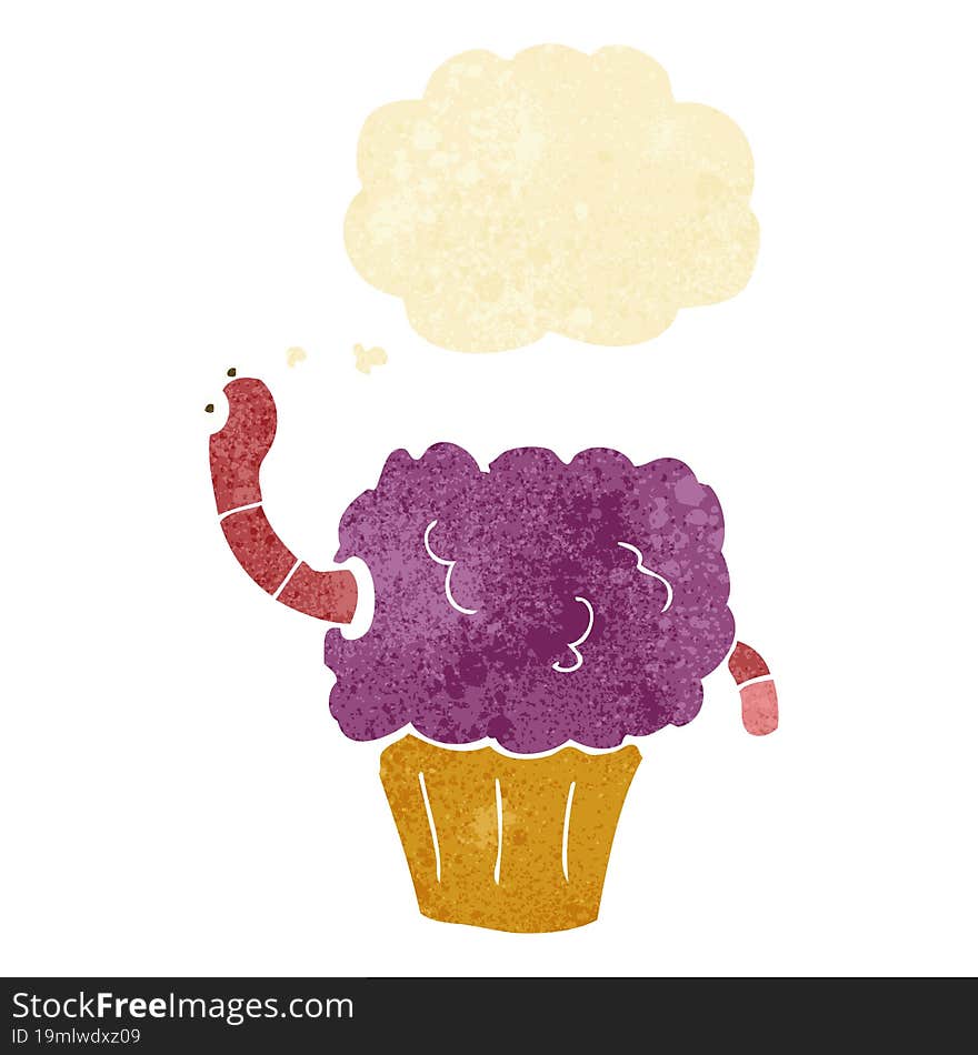 cartoon worm in cupcake with thought bubble