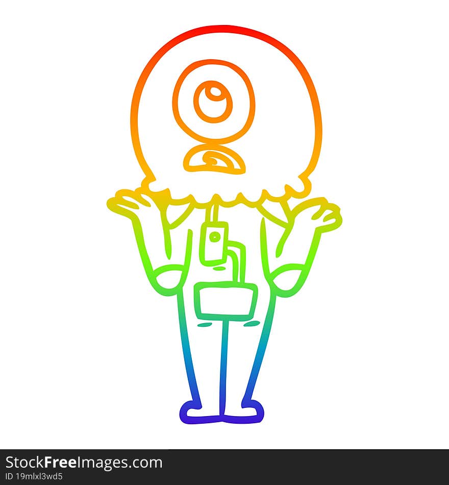 rainbow gradient line drawing of a cartoon cyclops alien spaceman shrugging shoulders