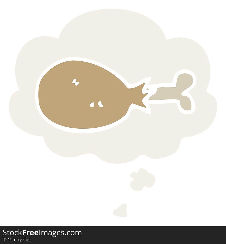 cartoon cooked chicken leg with thought bubble in retro style