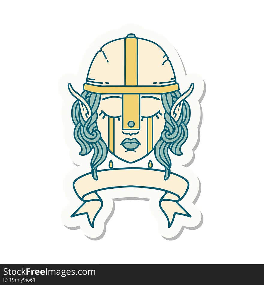 crying elf fighter character face with banner sticker