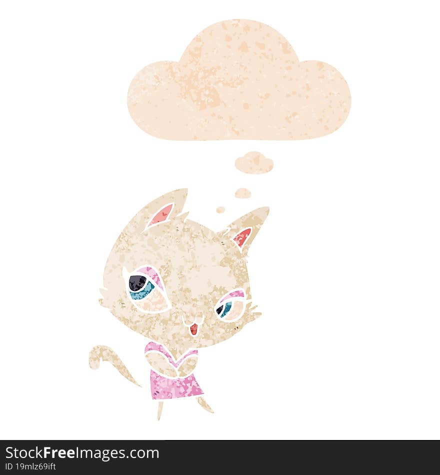 cartoon female cat and thought bubble in retro textured style