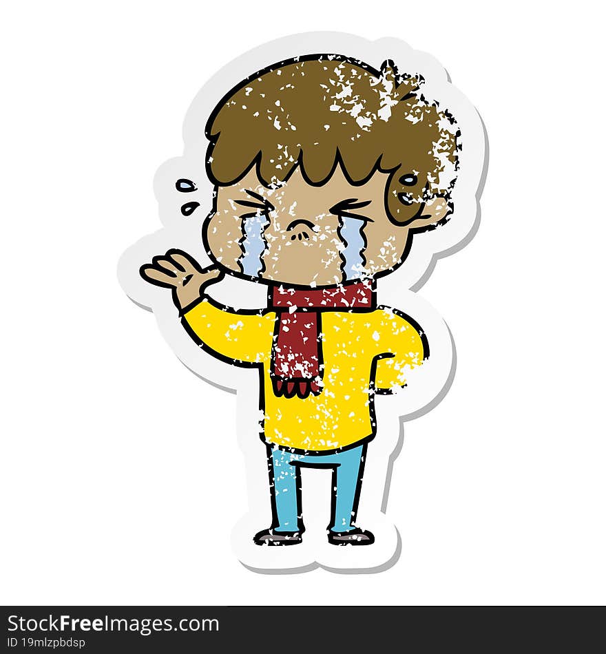 distressed sticker of a cartoon boy crying