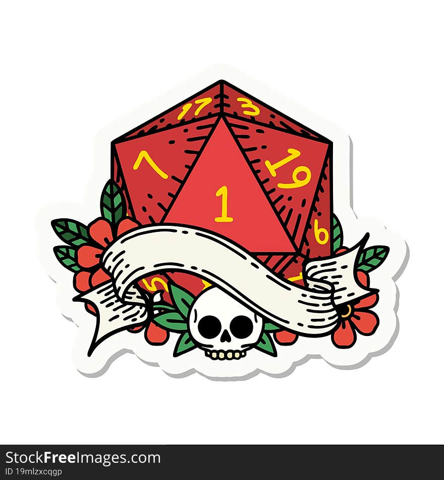 sticker of a natural one d20 dice roll. sticker of a natural one d20 dice roll