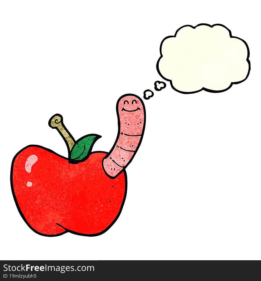 cartoon apple with worm with thought bubble