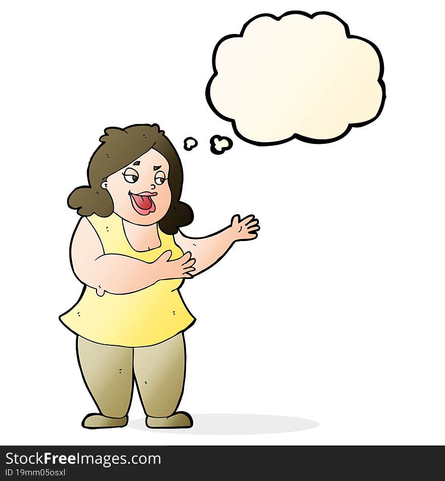 cartoon happy fat woman with thought bubble