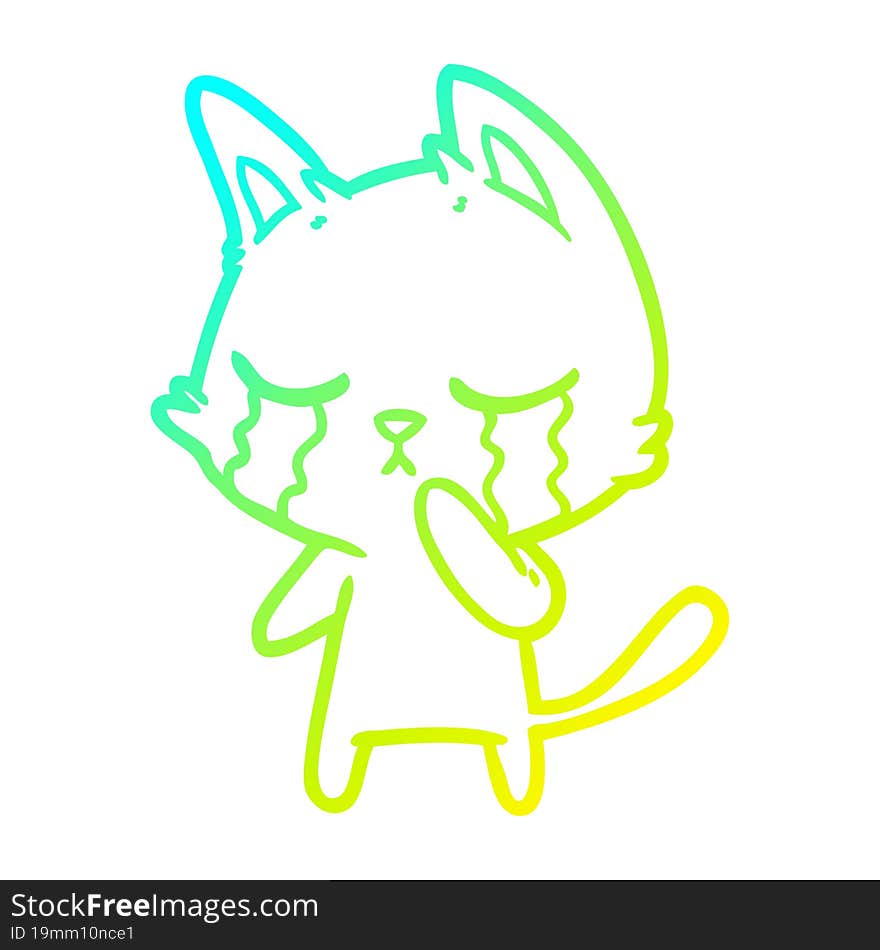 cold gradient line drawing of a crying cartoon cat