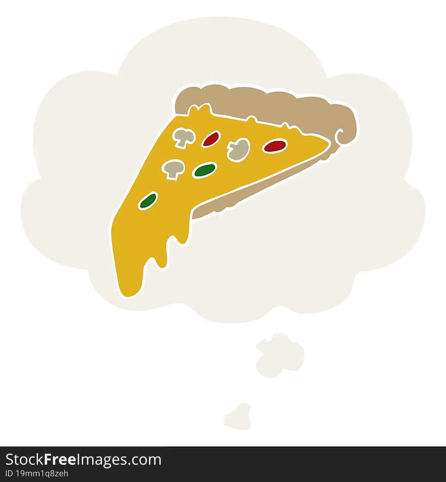 cartoon pizza slice and thought bubble in retro style