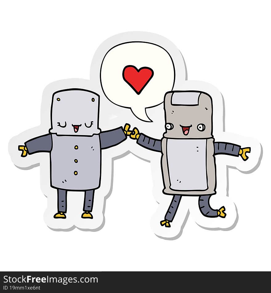 cartoon robots in love and speech bubble sticker