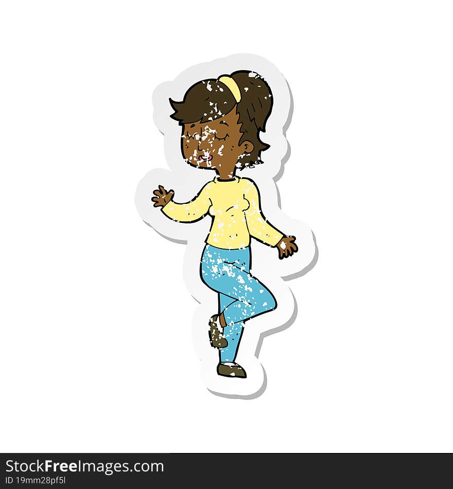 retro distressed sticker of a cartoon dancing woman