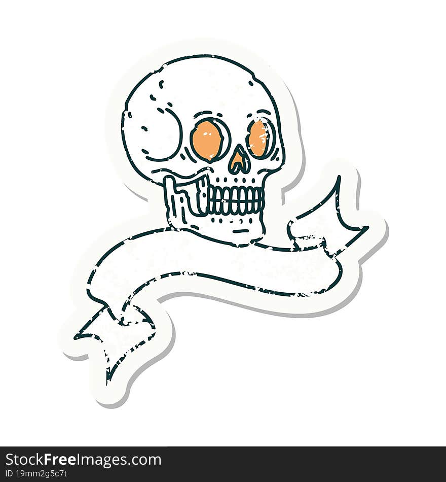 grunge sticker with banner of a skull