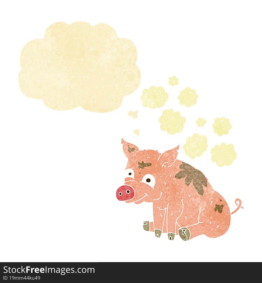 cartoon smelly pig with thought bubble