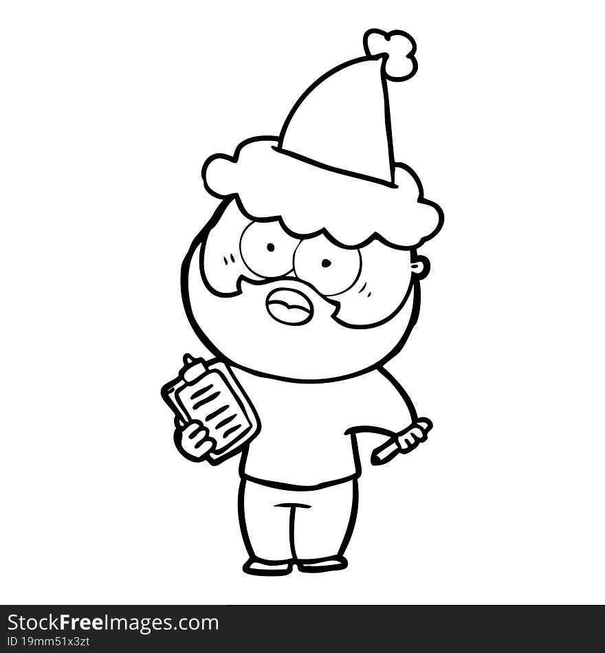 line drawing of a bearded man with clipboard and pen wearing santa hat