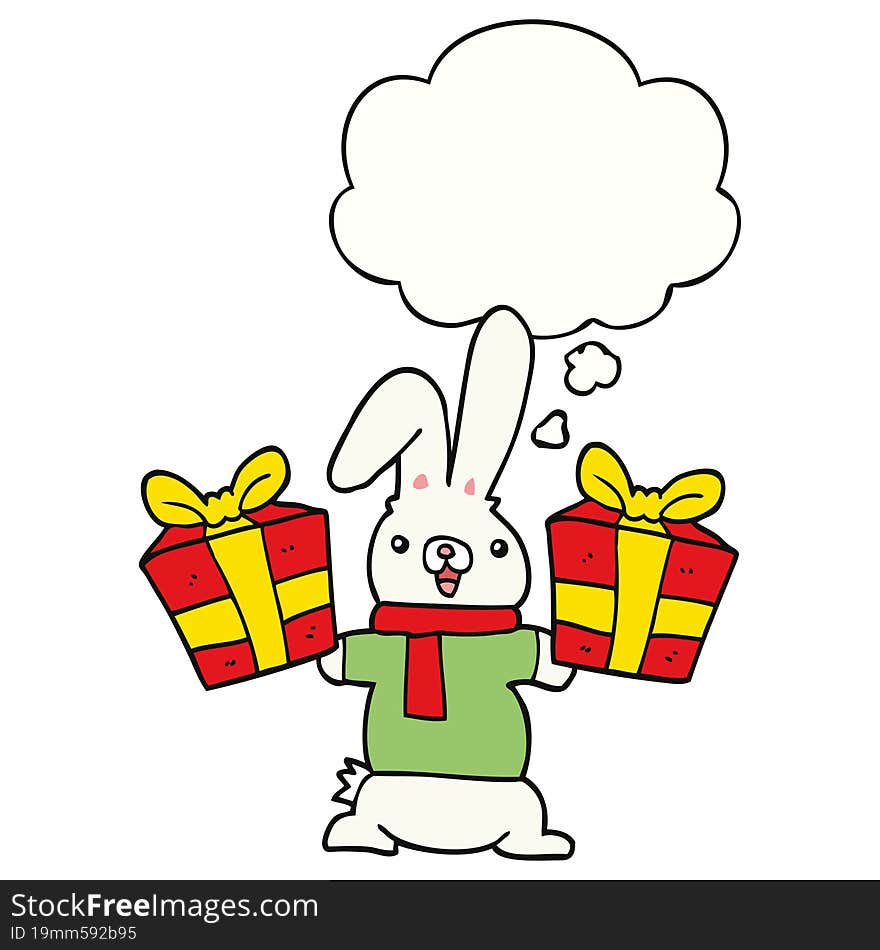 Cartoon Rabbit With Christmas Presents And Thought Bubble