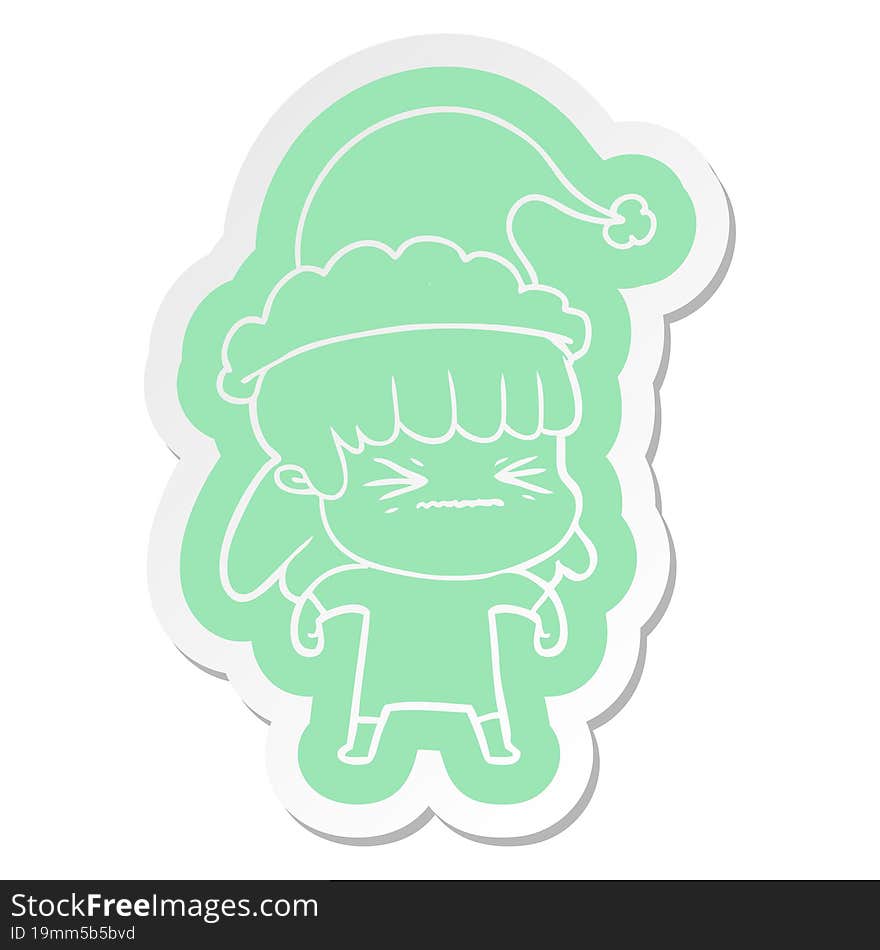 quirky cartoon  sticker of a woman wearing santa hat