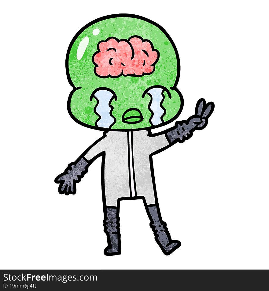 cartoon big brain alien crying and giving peace sign. cartoon big brain alien crying and giving peace sign