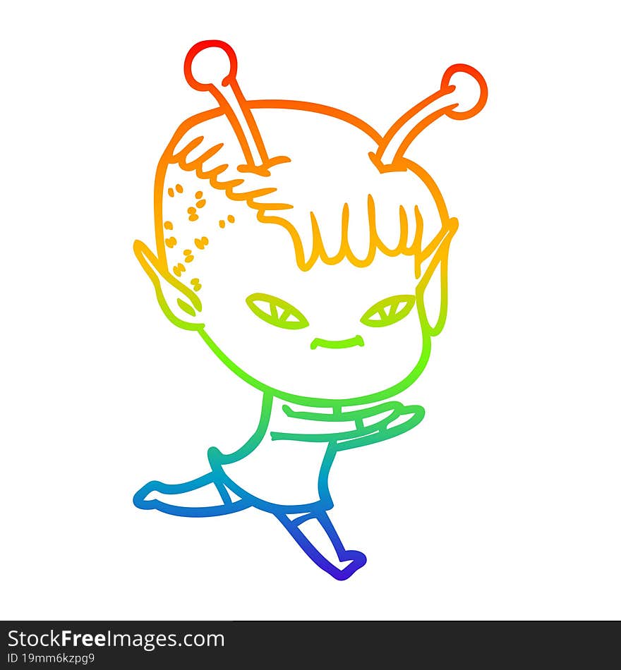 rainbow gradient line drawing of a cute cartoon alien girl