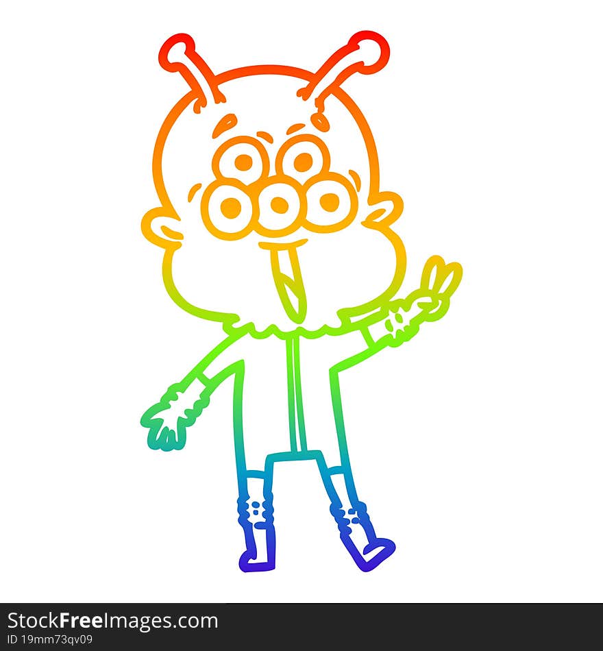 rainbow gradient line drawing happy cartoon alien waving peace gesture