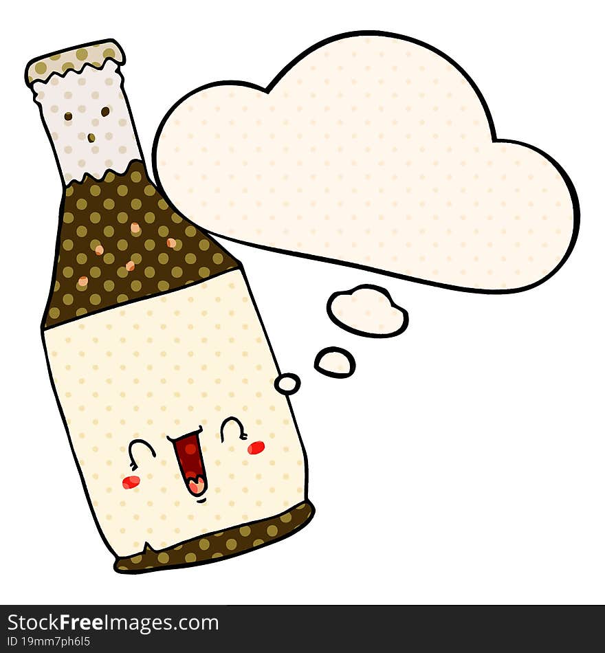 cartoon beer bottle and thought bubble in comic book style