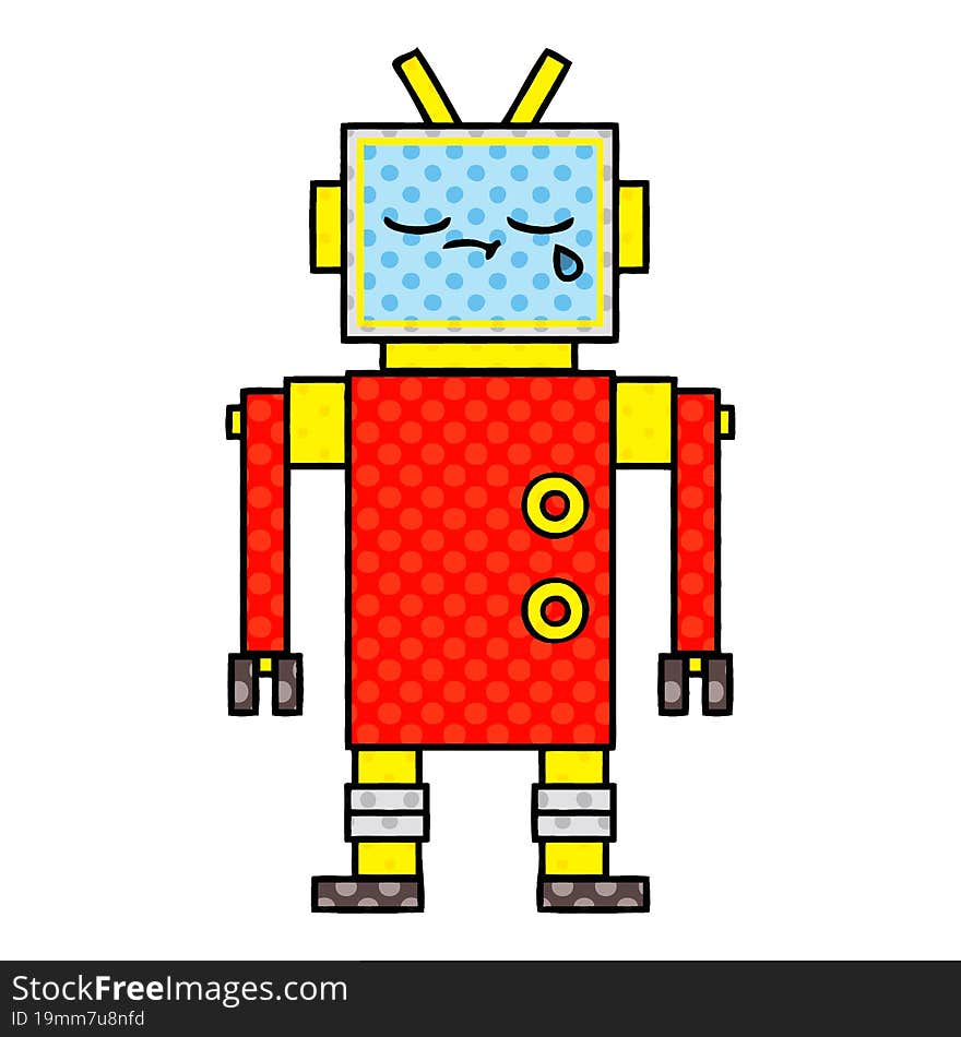 comic book style cartoon of a crying robot