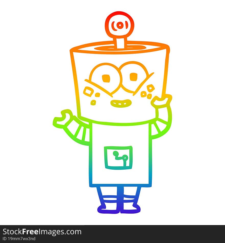 rainbow gradient line drawing of a happy cartoon robot waving hello