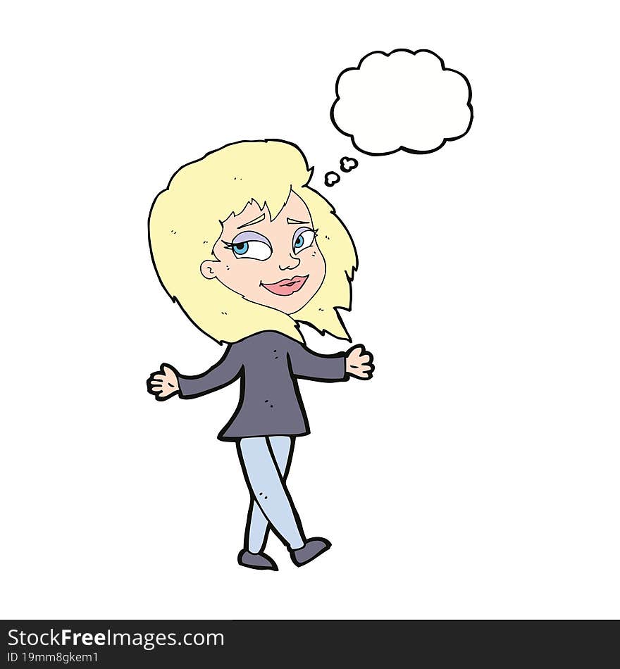 stress free woman cartoon with thought bubble